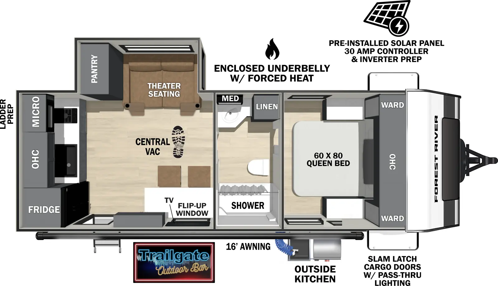 The Ibex 19BRK floorplan has one entry and one slide out. Exterior features include: fiberglass exterior, 12' awning and outside kitchen. Interiors features include: rear kitchen, front bedroom and pass through bathroom.